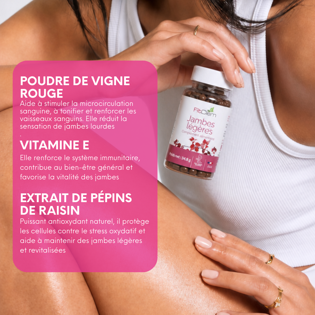La vigne rouge est présentée pour soutenir la microcirculation, la vitamine E pour le bien-être général et les pépins de raisin pour leur action antioxydante.
