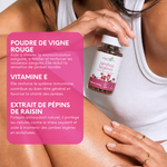 La vigne rouge est présentée pour soutenir la microcirculation, la vitamine E pour le bien-être général et les pépins de raisin pour leur action antioxydante.