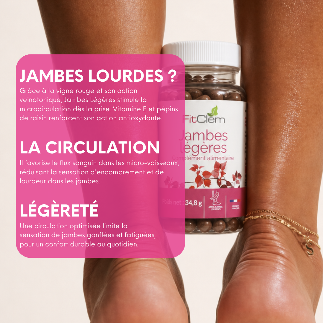Jambes Légères est présenté pour favoriser la circulation et réduire les sensations de jambes lourdes, gonflées ou fatiguées.