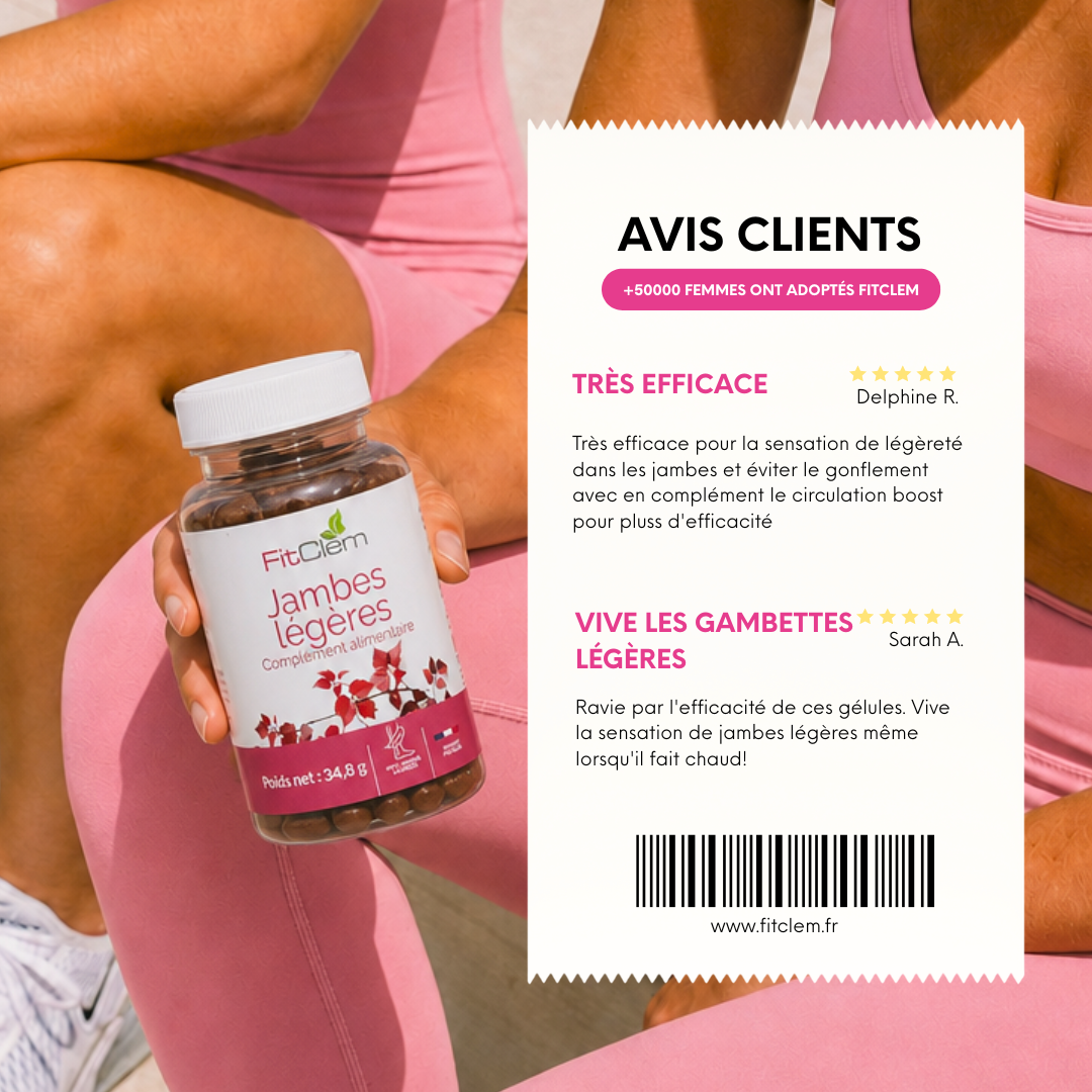 Deux avis clients cinq étoiles rapportant une sensation de jambes plus légères et moins gonflées, notamment par temps chaud.
