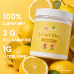 L-Carnitine FitClem 100 % Carnipure ; le visuel indique 2 g de L-carnitine et 1 g de L-citrulline par dose de 3 g.