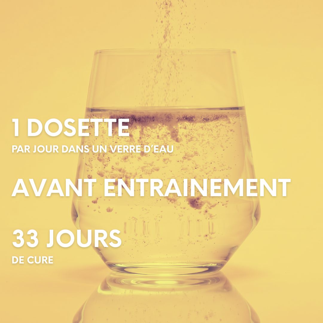 Conseil d’utilisation : diluer une dosette par jour dans un verre d’eau, avant l’entraînement ; un pot correspond à 33 jours de cure.