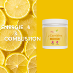 Pot de L-Carnitine FitClem accompagné de citrons et de la mention « Énergie et combustion ».