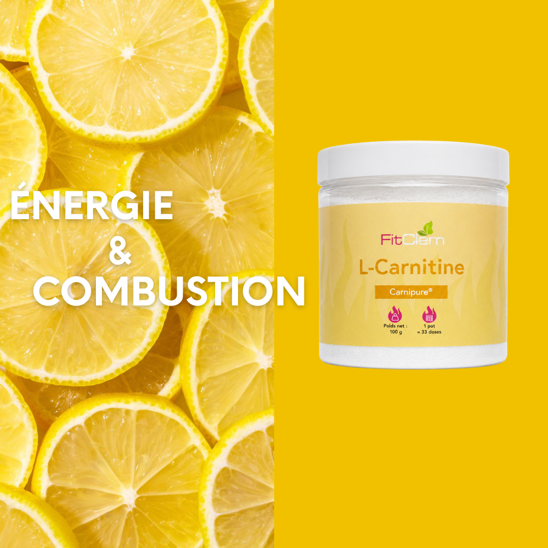 Pot de L-Carnitine FitClem accompagné de citrons et de la mention « Énergie et combustion ».