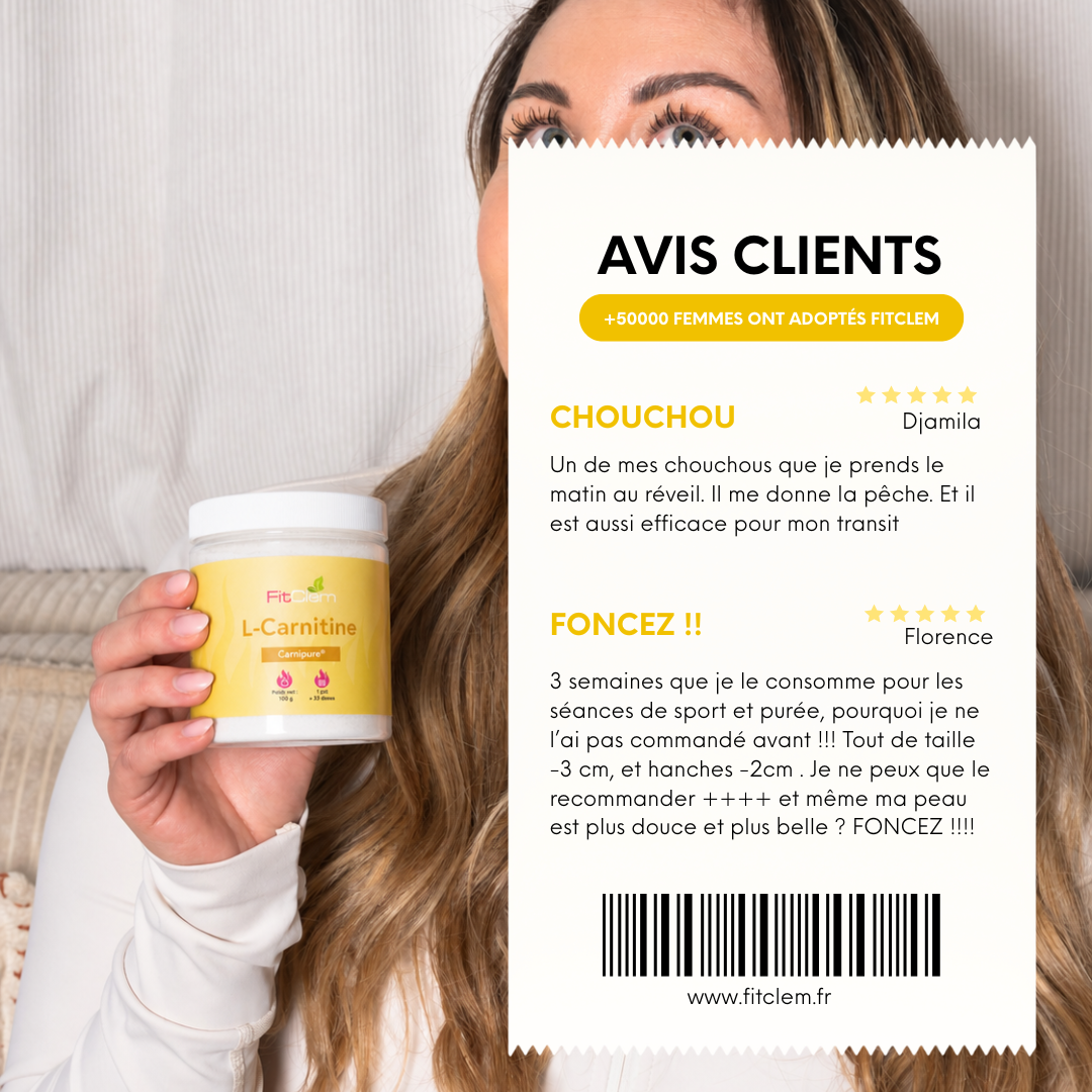 Deux avis clients cinq étoiles sur la L-Carnitine FitClem, évoquant un gain d’énergie et une utilisation pendant les séances de sport.