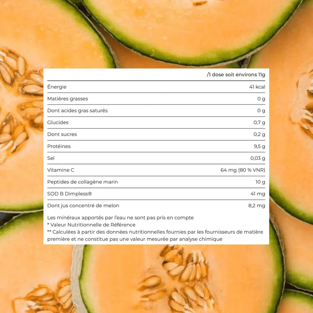 Apports nutritionnels pour une dose de 11 g : 41 kcal, 9,5 g de protéines, 64 mg de vitamine C, 10 g de peptides de collagène marin et 41 mg de SOD B Dimpless.