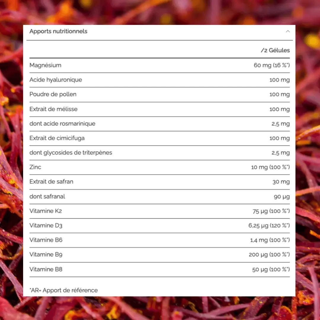 Apports pour 2 gélules : magnésium, acide hyaluronique, pollen, mélisse, actée à grappes noires, zinc, safran et vitamines K2, D3, B6, B9 et B8.