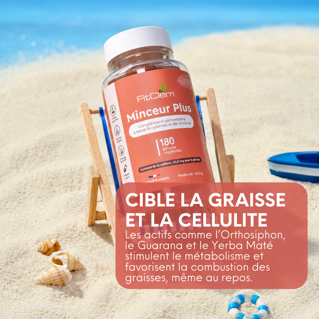 Minceur Plus est présenté comme ciblant la graisse et la cellulite grâce à l’orthosiphon, au guarana et au yerba maté.