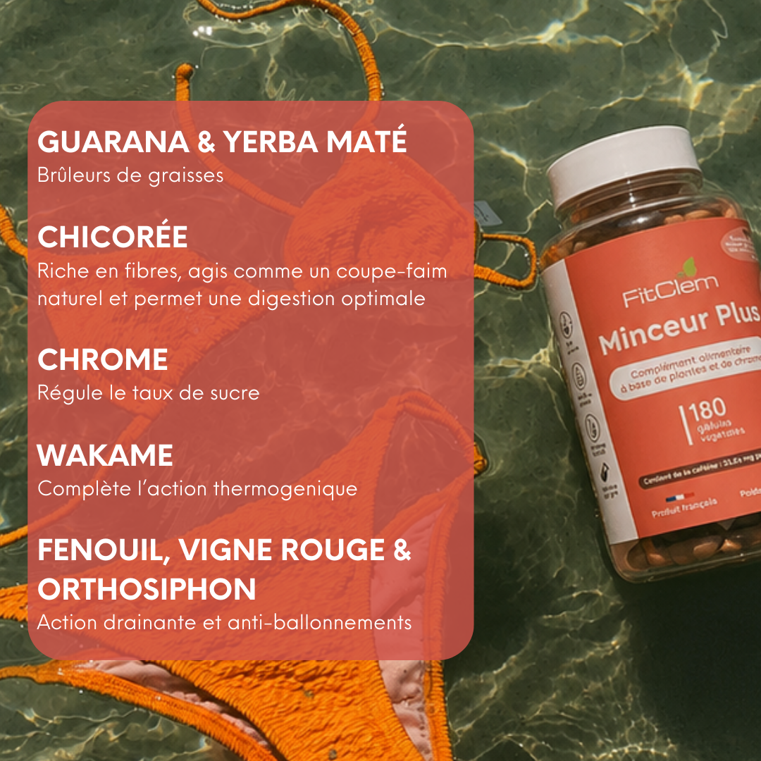 Le guarana et le yerba maté sont présentés pour la combustion des graisses, la chicorée pour la satiété et la digestion, le chrome pour la régulation du sucre, et le fenouil, la vigne rouge et l’orthosiphon pour le drainage.