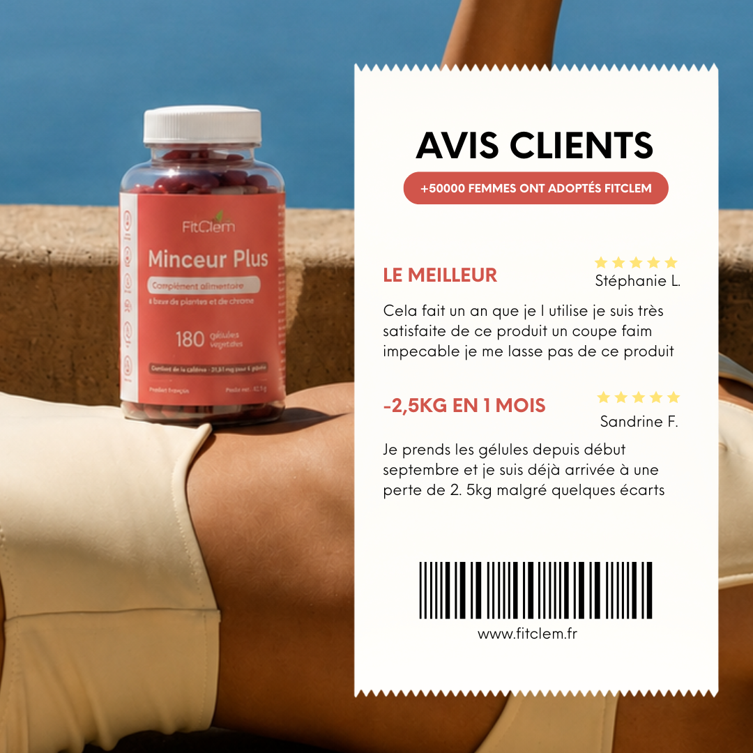 Deux avis clients cinq étoiles, dont un témoignage déclarant une perte de 2,5 kg en un mois.