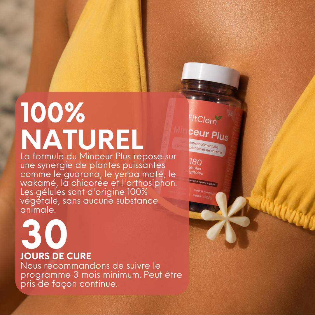 Minceur Plus, formule à base de plantes et gélules d’origine végétale ; un flacon correspond à 30 jours de cure.