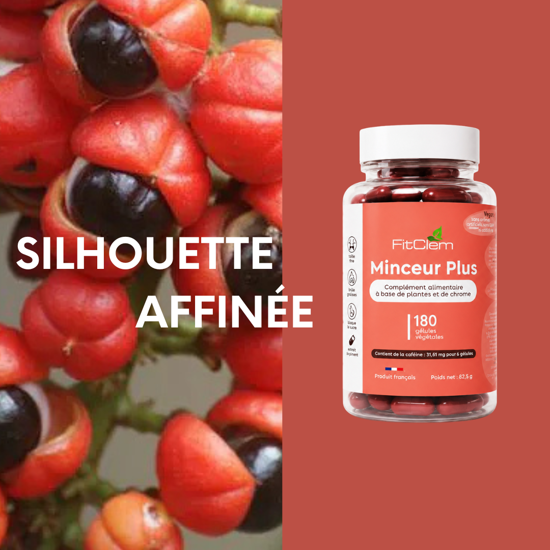 Flacon de Minceur Plus accompagné de graines de guarana et de la mention « silhouette affinée ».