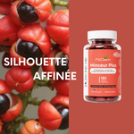Flacon de Minceur Plus accompagné de graines de guarana et de la mention « silhouette affinée ».