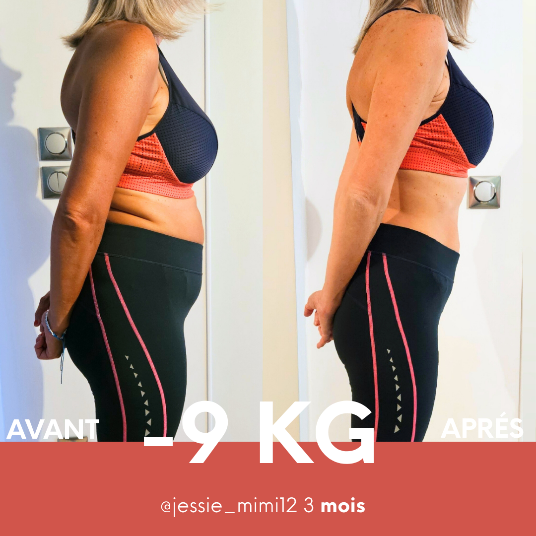 Comparaison avant-après d’une cliente, avec une perte déclarée de 9 kg en 3 mois.