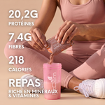 Shaker Minceur Caramel Beurre Salé : 20,2 g de protéines, 7,4 g de fibres et 218 calories par portion, riche en vitamines et minéraux.