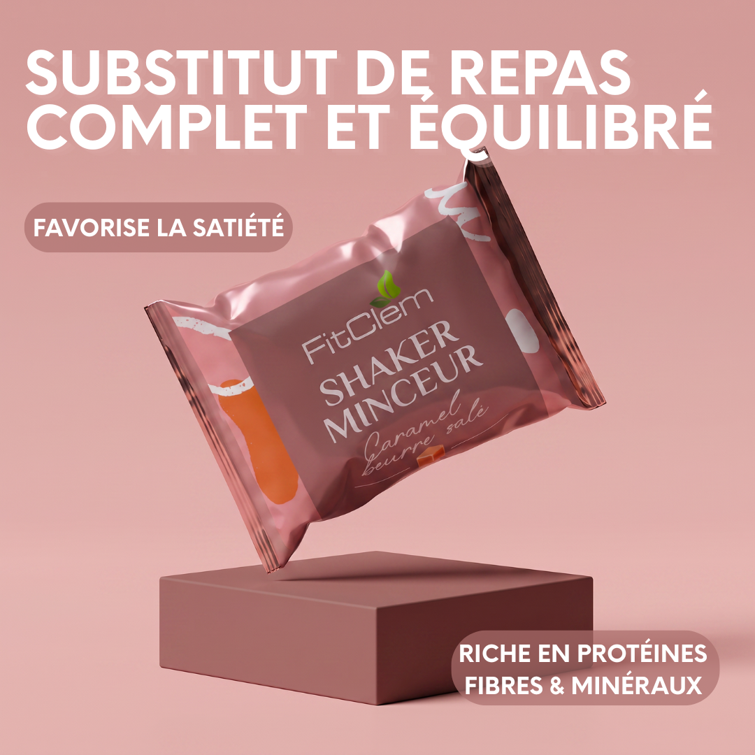 Shaker Minceur Caramel Beurre Salé présenté comme un substitut de repas complet et équilibré, riche en protéines et en minéraux et favorisant la satiété.
