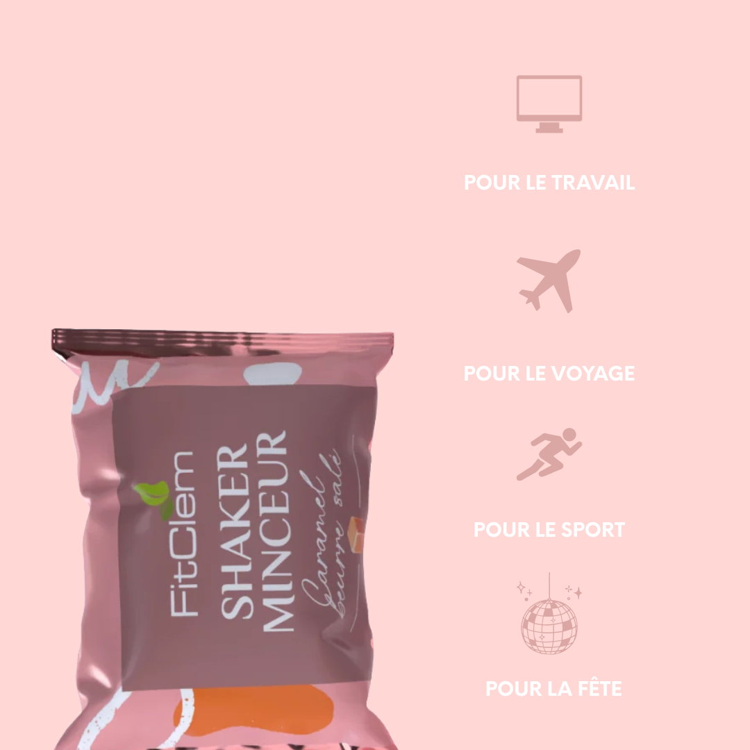 Sachet individuel de Shaker Minceur Caramel Beurre Salé, pratique à emporter au travail, en voyage, au sport ou lors de sorties.