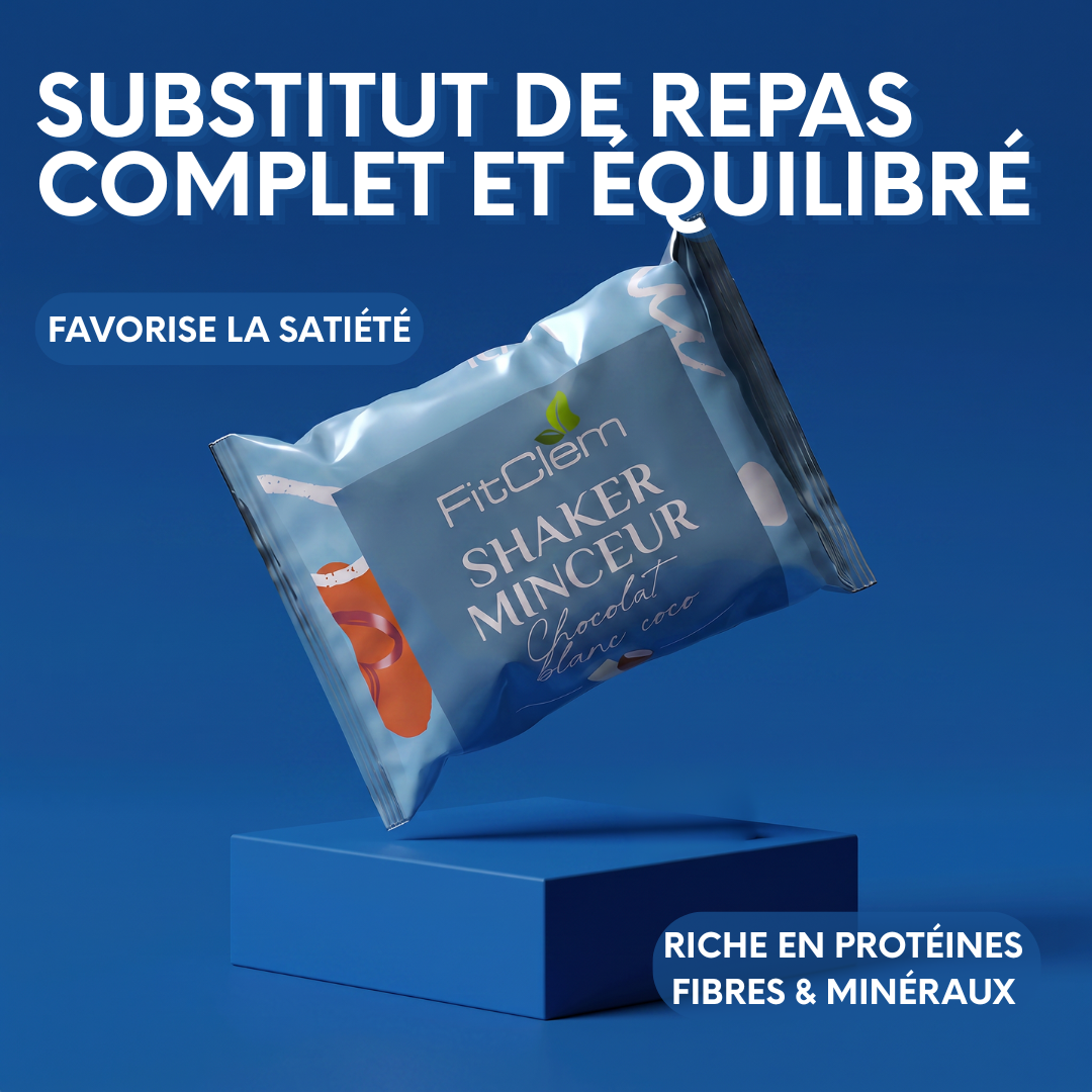 Shaker Minceur Chocolat Blanc Coco présenté comme un substitut de repas complet et équilibré, riche en protéines, fibres et minéraux et favorisant la satiété.