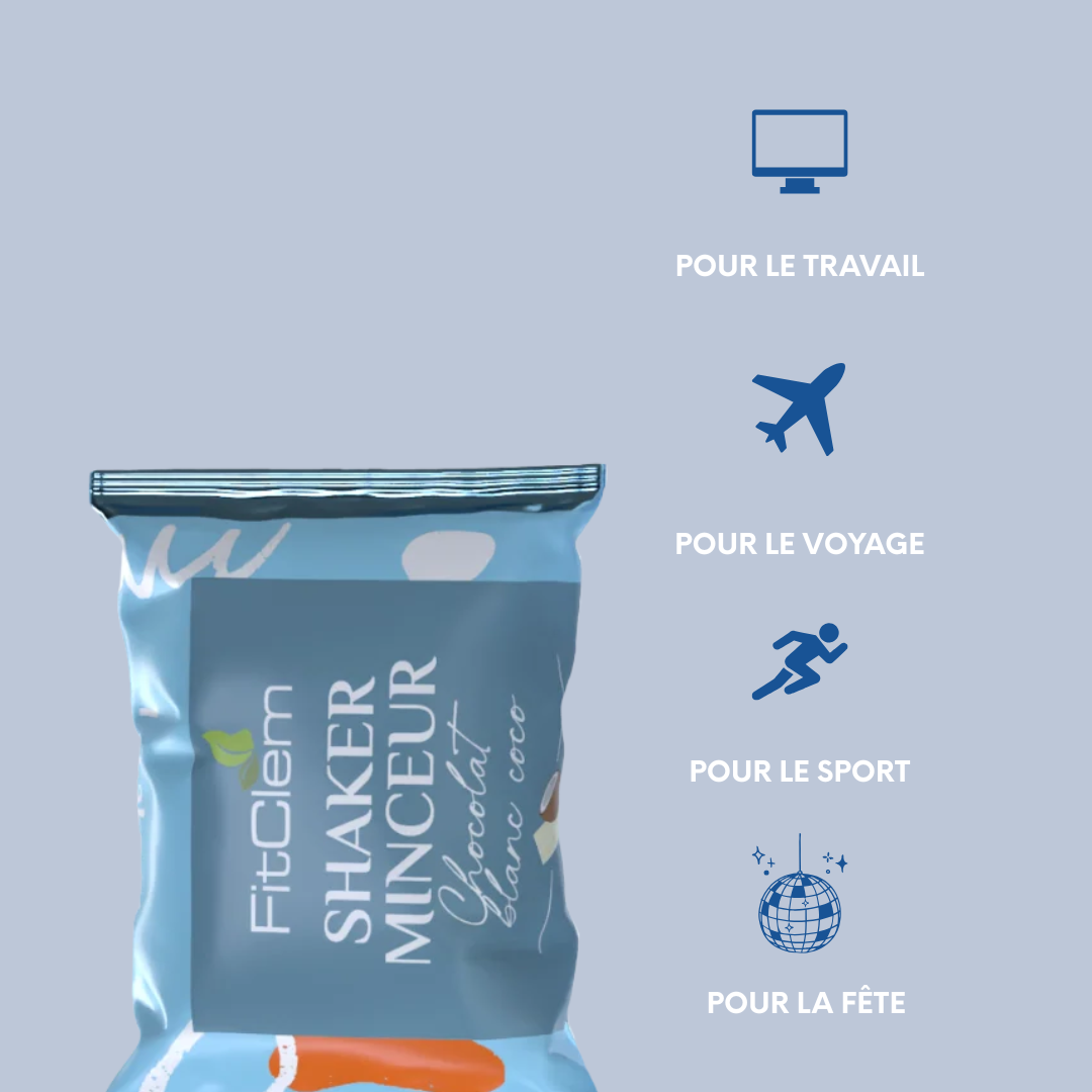Sachet individuel de Shaker Minceur Chocolat Blanc Coco, pratique à emporter au travail, en voyage, au sport ou lors de sorties.