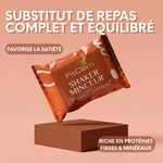 Shaker Minceur Chocolat Caramel présenté comme un substitut de repas complet et équilibré, riche en protéines et en fibres et favorisant la satiété.