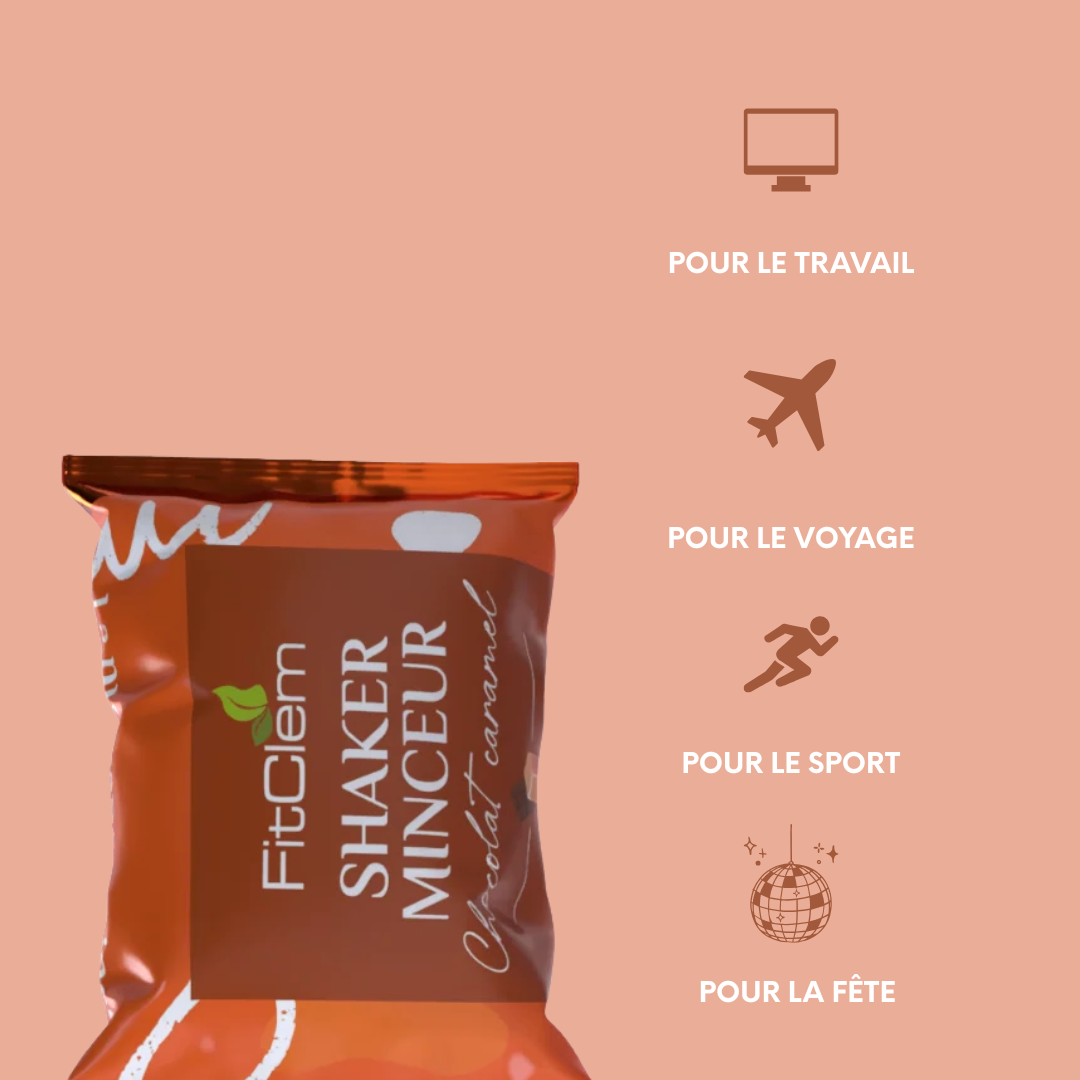 Sachet individuel de Shaker Minceur Chocolat Caramel, pratique à emporter au travail, en voyage, au sport ou lors de sorties.