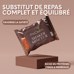 Shaker Minceur Chocolat présenté comme un substitut de repas complet et équilibré, riche en protéines, fibres et minéraux et favorisant la satiété.