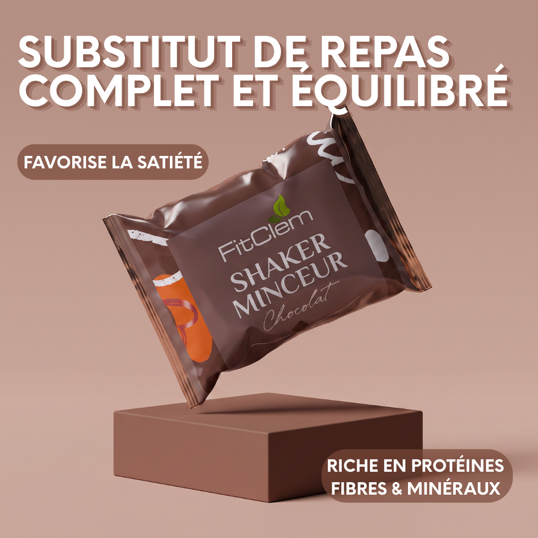 Shaker Minceur Chocolat présenté comme un substitut de repas complet et équilibré, riche en protéines, fibres et minéraux et favorisant la satiété.