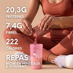 Shaker Minceur Chocolat Noisette : 20,3 g de protéines, 7,4 g de fibres et 222 calories par portion, riche en vitamines et minéraux.