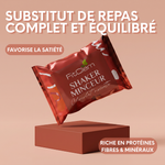 Shaker Minceur Chocolat Noisette présenté comme un substitut de repas complet et équilibré, riche en protéines, fibres et minéraux et favorisant la satiété.