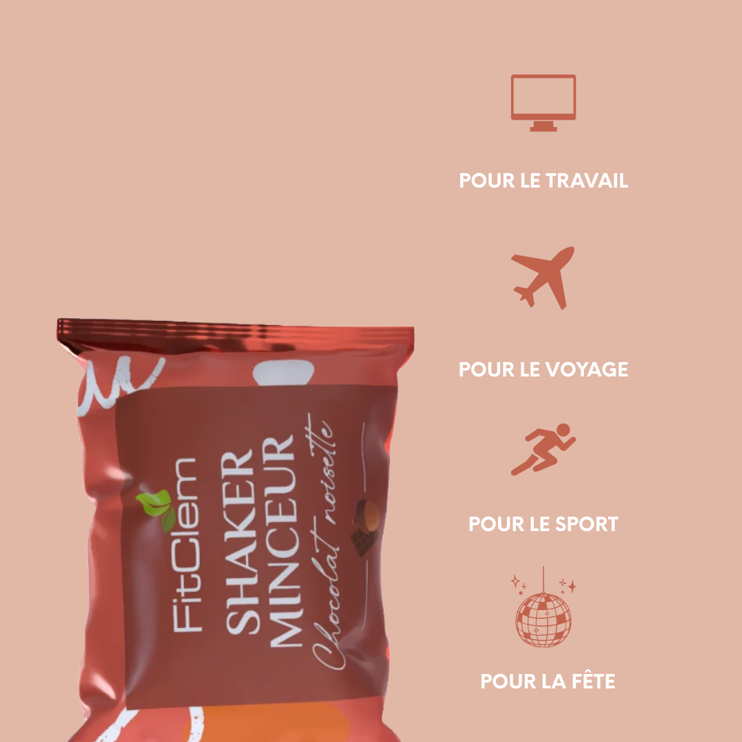 Sachet individuel de Shaker Minceur Chocolat Noisette, pratique à emporter au travail, en voyage, au sport ou lors de sorties.