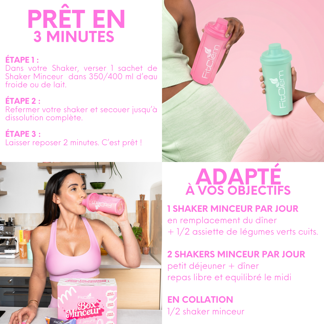 Préparation du Shaker Minceur : mélanger un sachet avec 350 à 400 ml d’eau ou de lait, secouer puis laisser reposer avant consommation ; utilisation adaptable selon les objectifs.