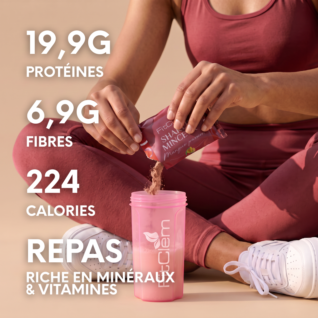 Shaker Minceur Mangue Passion : 19,9 g de protéines, 6,9 g de fibres et 224 calories par portion, riche en vitamines et minéraux.