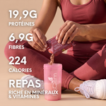 Shaker Minceur Mangue Passion : 19,9 g de protéines, 6,9 g de fibres et 224 calories par portion, riche en vitamines et minéraux.