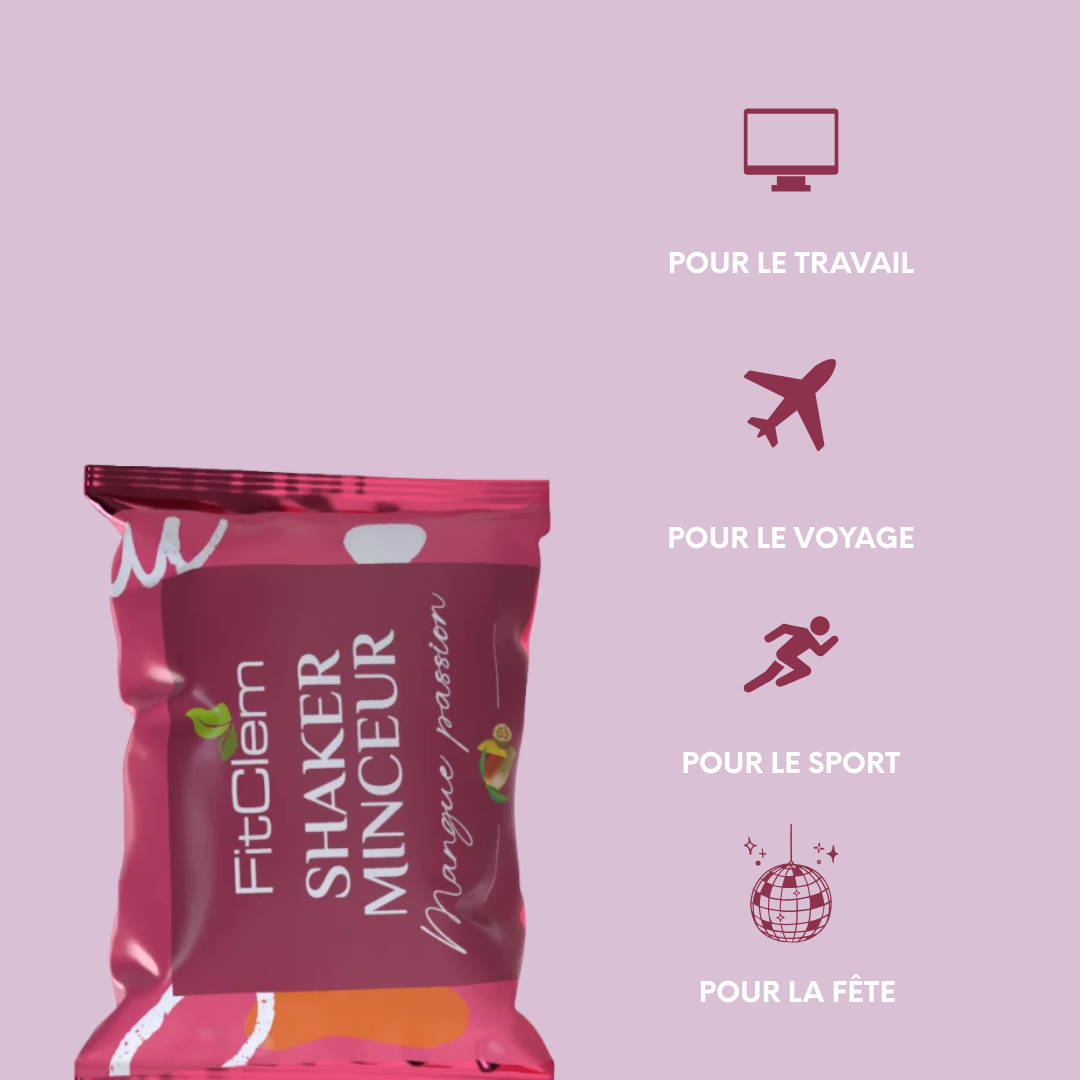Sachet individuel de Shaker Minceur Mangue Passion, pratique à emporter au travail, en voyage, au sport ou lors de sorties.