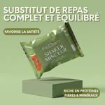 Shaker Minceur Pistache présenté comme un substitut de repas complet et équilibré, riche en protéines, fibres et minéraux et favorisant la satiété.