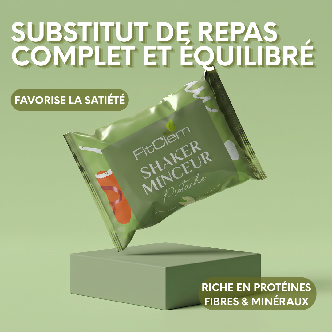 Shaker Minceur Pistache présenté comme un substitut de repas complet et équilibré, riche en protéines, fibres et minéraux et favorisant la satiété.