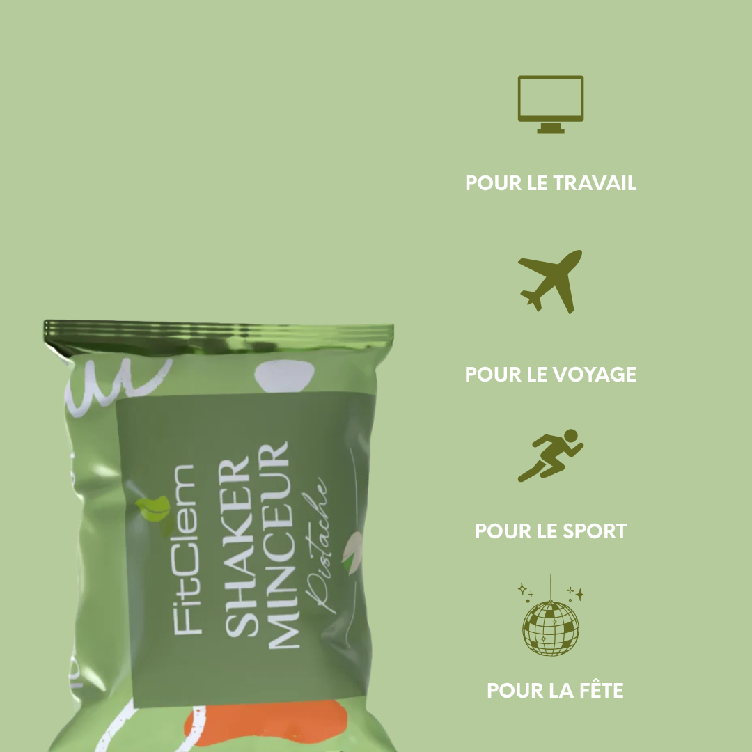 Sachet individuel de Shaker Minceur Pistache, pratique à emporter au travail, en voyage, au sport ou lors de sorties.