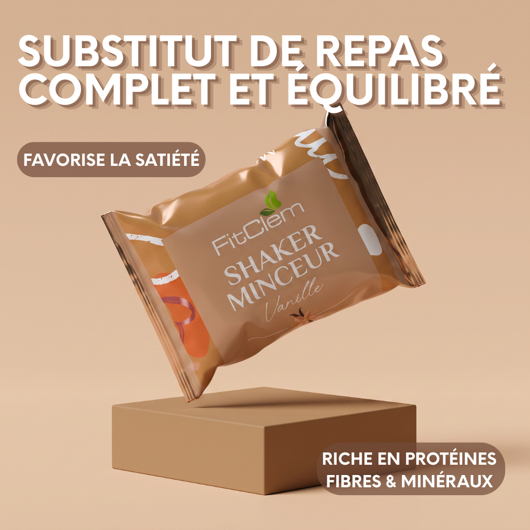 Shaker Minceur Vanille présenté comme un substitut de repas complet et équilibré, riche en protéines, fibres et minéraux et favorisant la satiété.