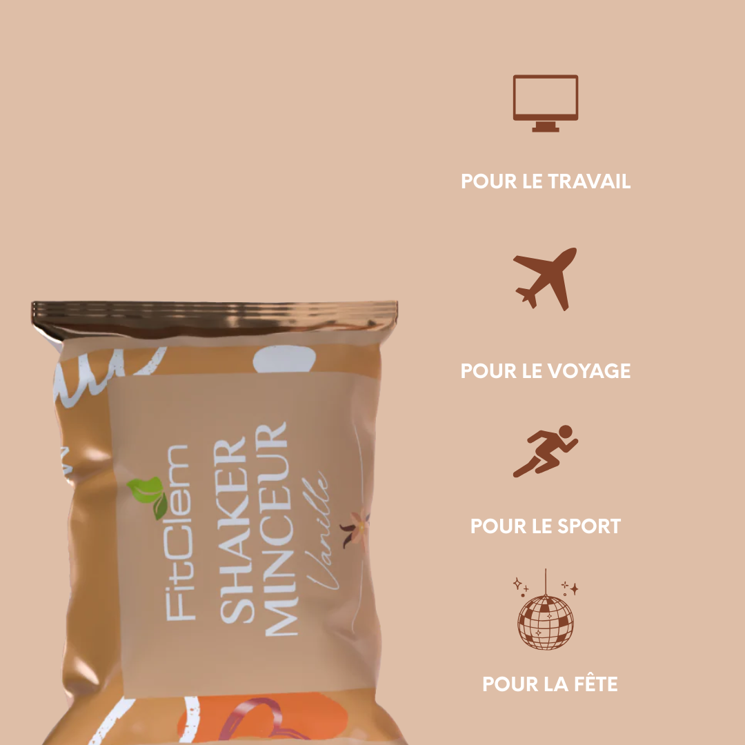 Sachet individuel de Shaker Minceur Vanille, pratique à emporter au travail, en voyage, au sport ou lors de sorties.