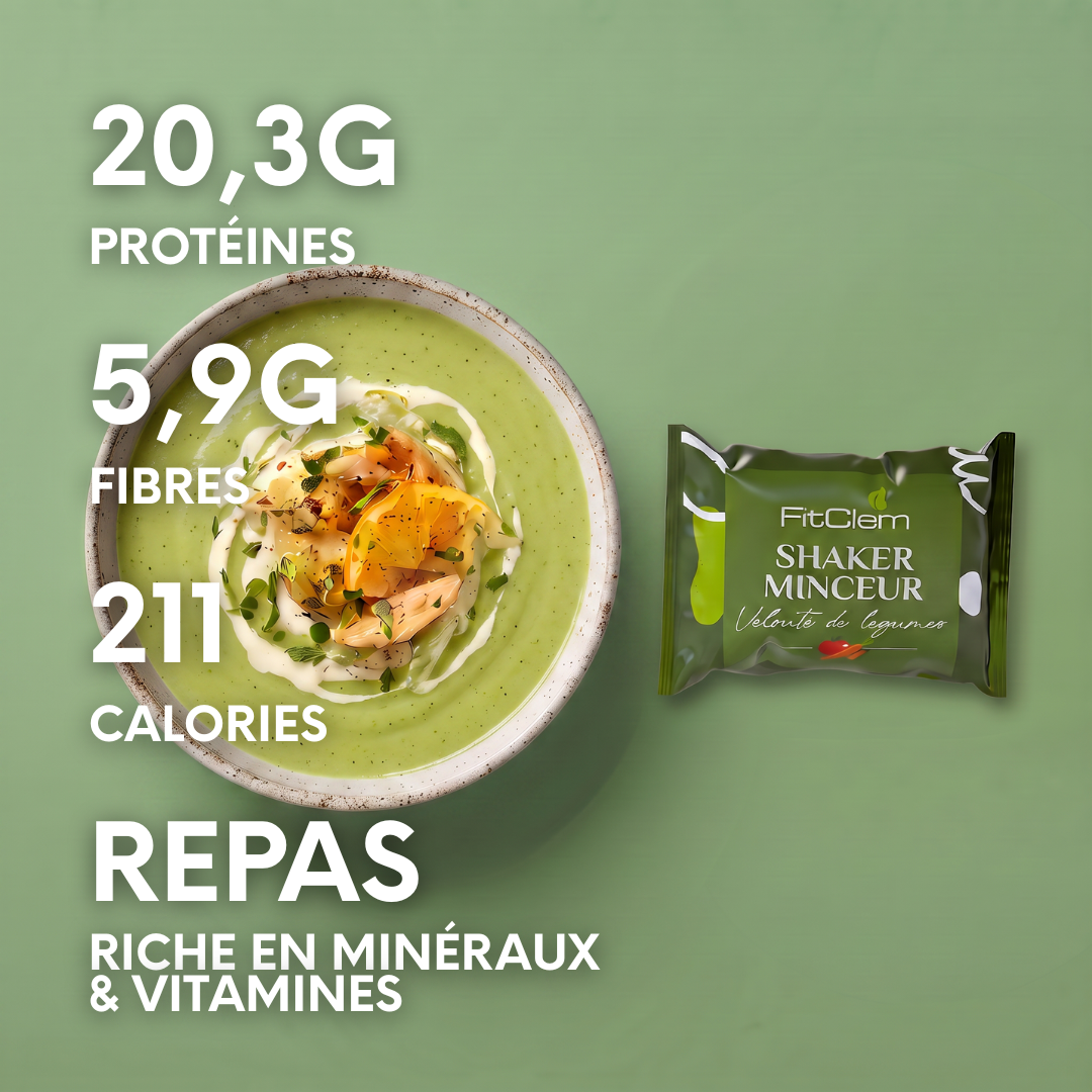 Shaker Minceur Velouté de Légumes : 20,3 g de protéines, 5,9 g de fibres et 211 calories par portion, riche en vitamines et minéraux.