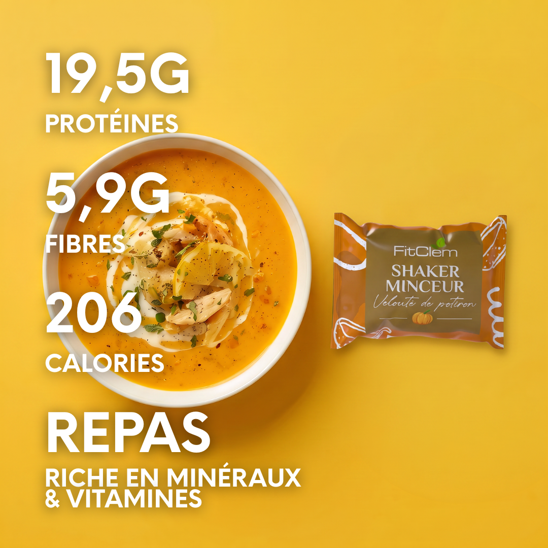 Shaker Minceur Velouté de Potiron : 19,5 g de protéines, 5,9 g de fibres et 206 calories par portion, riche en vitamines et minéraux.
