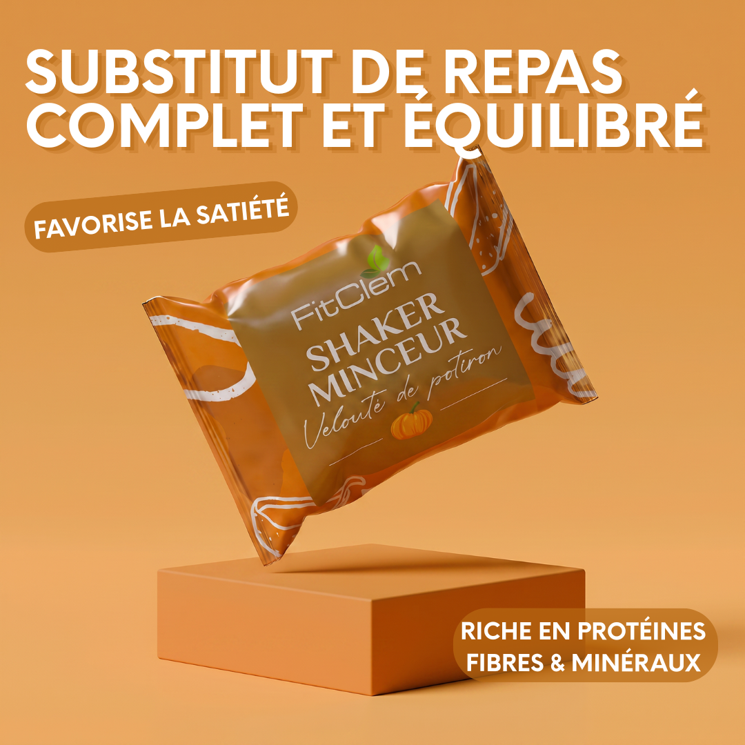 Shaker Minceur Velouté de Potiron présenté comme un substitut de repas complet et équilibré, riche en protéines, fibres et minéraux et favorisant la satiété.