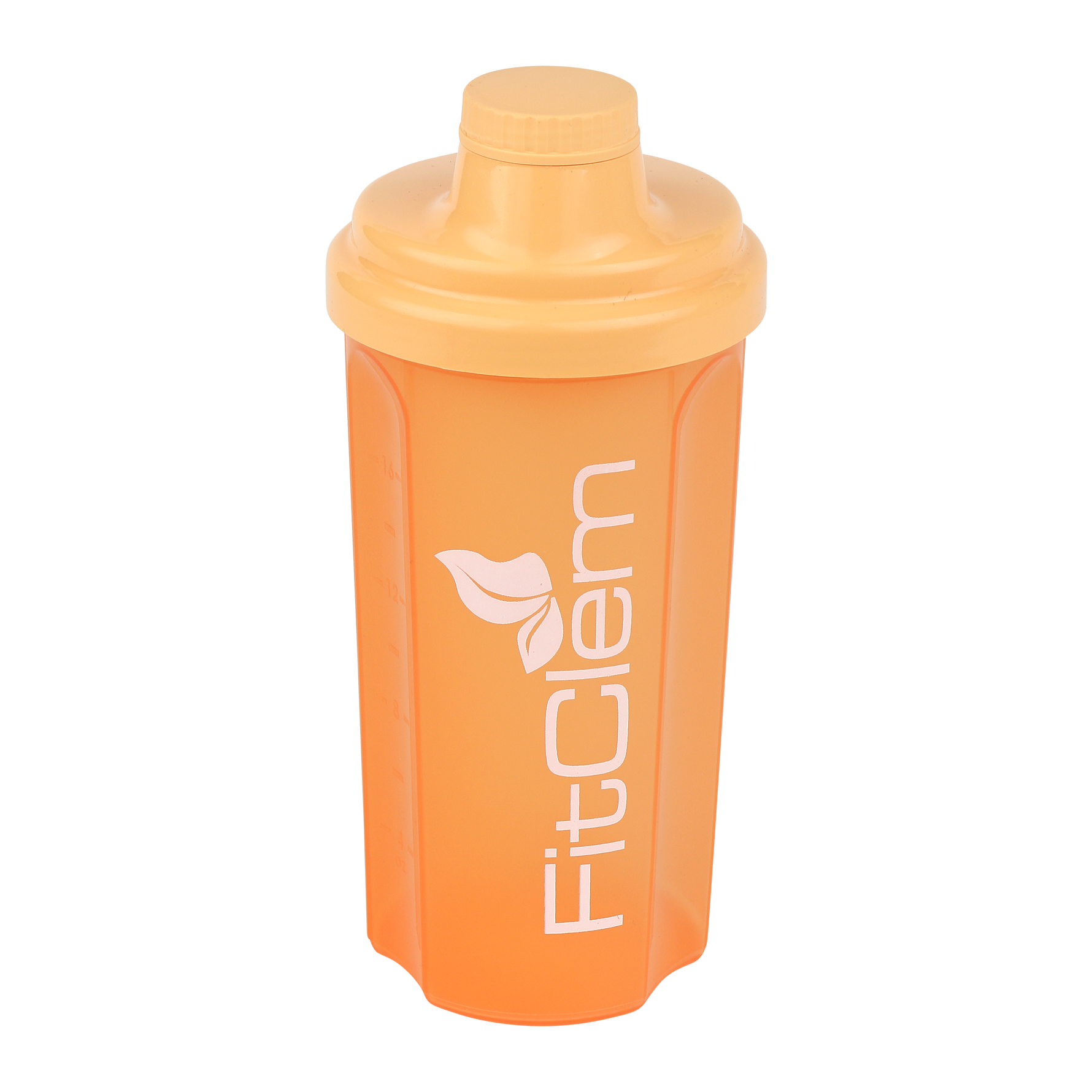 Shaker FitClem couleur pêche avec couvercle à vis et logo FitClem.
