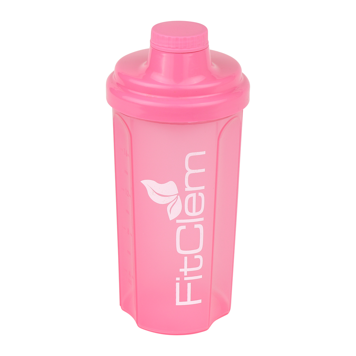 Shaker FitClem rose pastel avec couvercle à vis et logo FitClem.