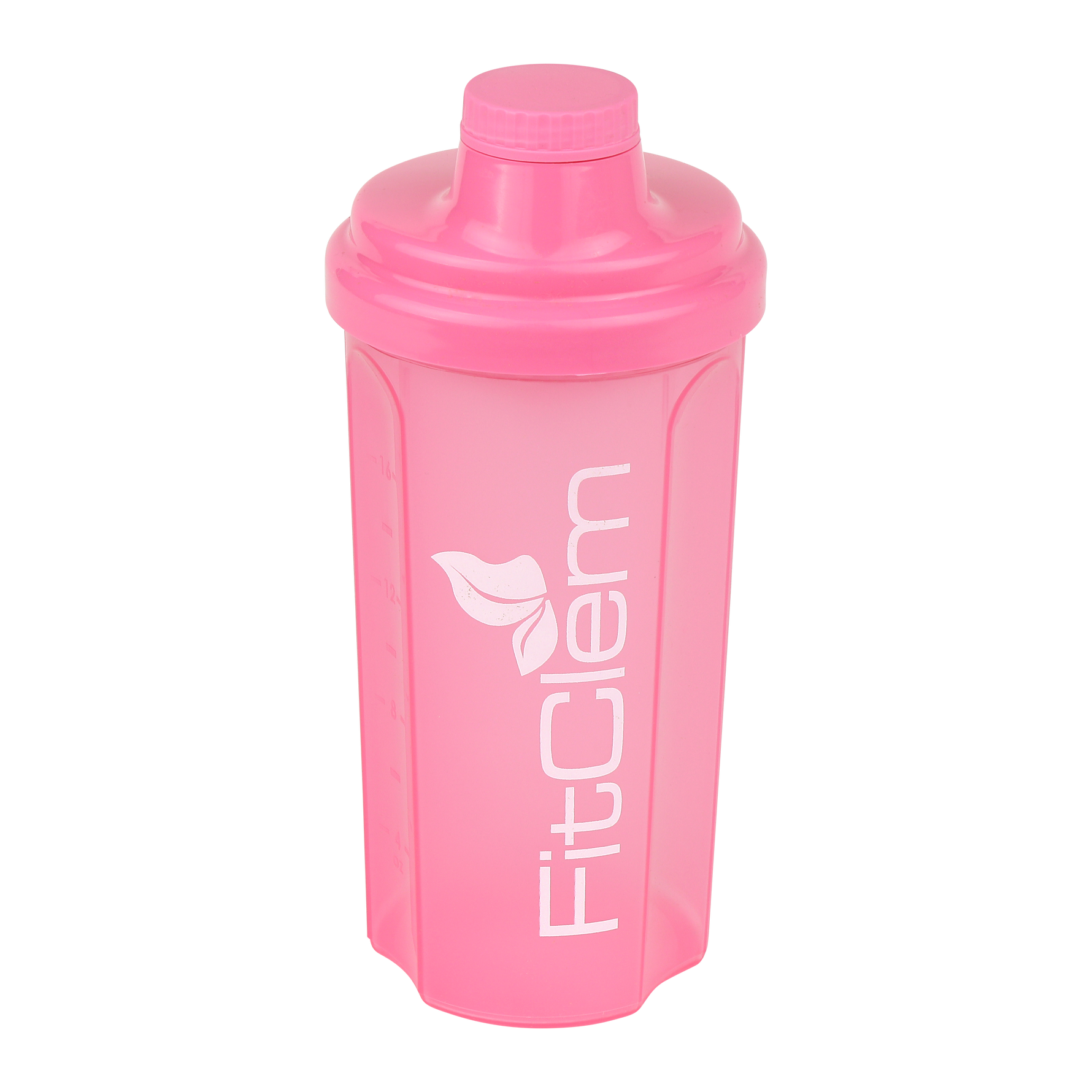 Shaker FitClem rose pastel avec couvercle à vis et logo FitClem.