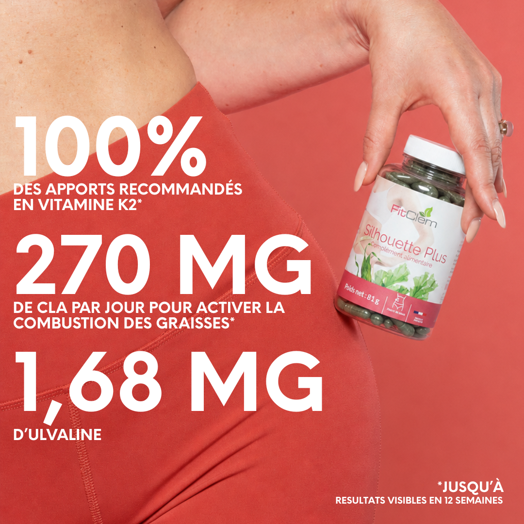 Apports journaliers : 1,68 mg d’Ulvaline, 270 mg de CLA et 100 % des apports recommandés en vitamine K2.