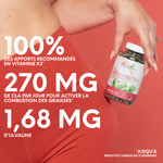 Apports journaliers : 1,68 mg d’Ulvaline, 270 mg de CLA et 100 % des apports recommandés en vitamine K2.