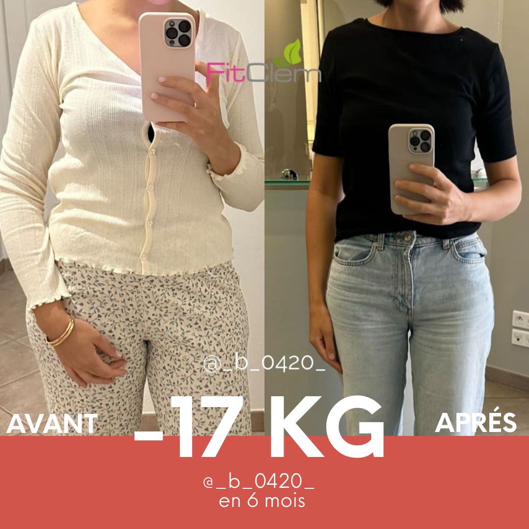 Comparaison avant-après d’une cliente, avec une perte déclarée de 17 kg en six mois.