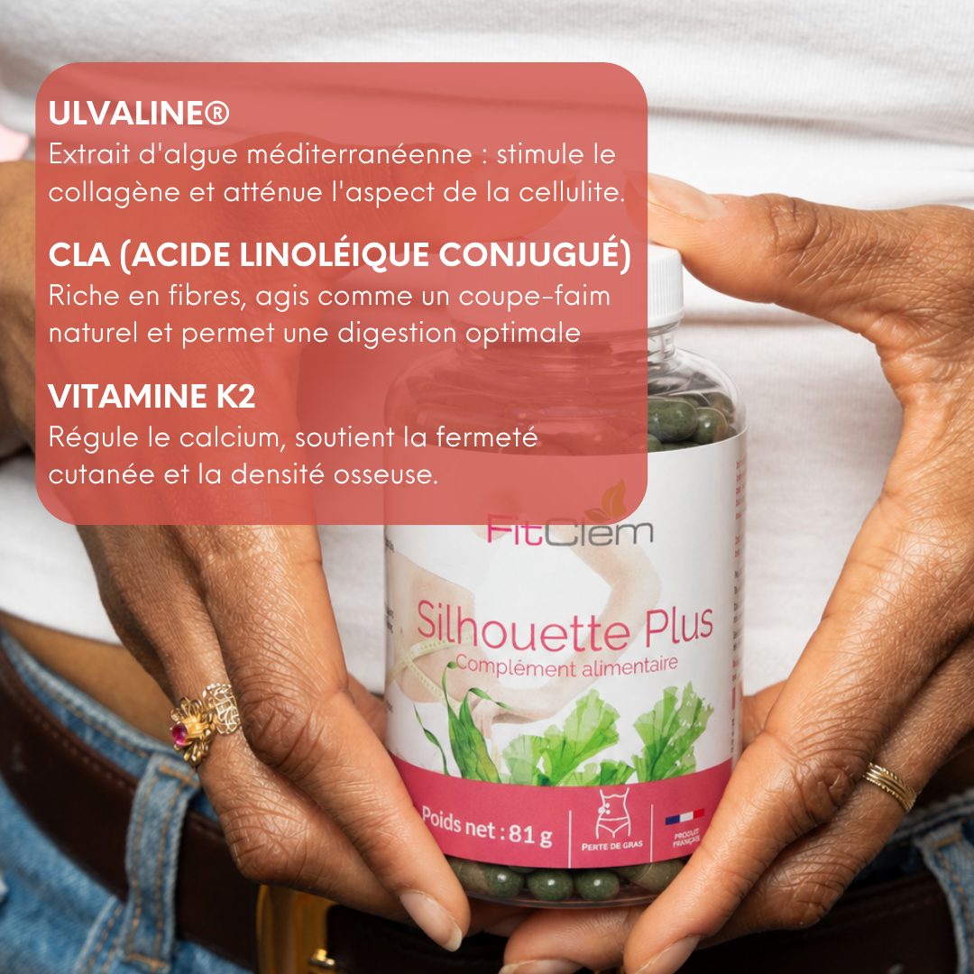 Le visuel présente l’Ulvaline pour l’aspect de la cellulite, le CLA pour la satiété et la vitamine K2 pour la fermeté cutanée et la densité osseuse.