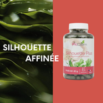 Flacon de Silhouette Plus accompagné d’algues et de la mention « silhouette affinée ».